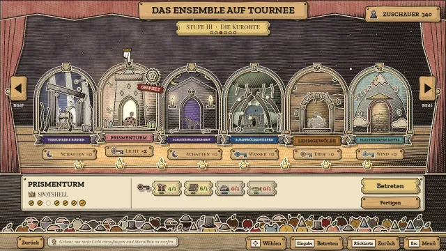 Das Ensemble auf Tournee: eine Reihe von sechs Papier-Spielstätten mit ihren Typen und die Karte des Prismenturms mit den Waren, die für seinen Schlüssel nötig sind.