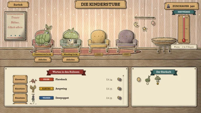 Die Kinderstube: zwei Monster sitzen in Sesseln neben zwei freien Plätzen, ein Nestwärme-Thermometer und ein leerer Eierkorb, darunter wartet das Ensemble.