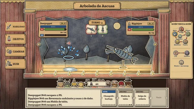 Un combate en la Arboleda de Ascuas: Dewpuppet, una marioneta colgada de sus hilos, lucha contra el candelabro de tipo fuego Blazewick mientras el registro enumera curas y ataques.
