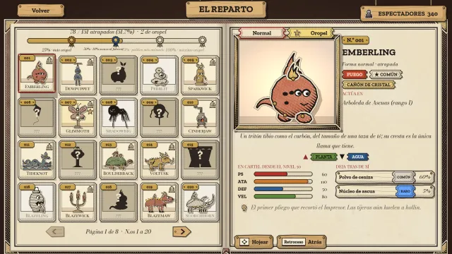 El Reparto, el bestiario: una página de cartas numeradas, algunas aún en sombra, junto a la ficha de Emberling, un tritón de ascuas de tipo fuego, con sus estadísticas y botines.