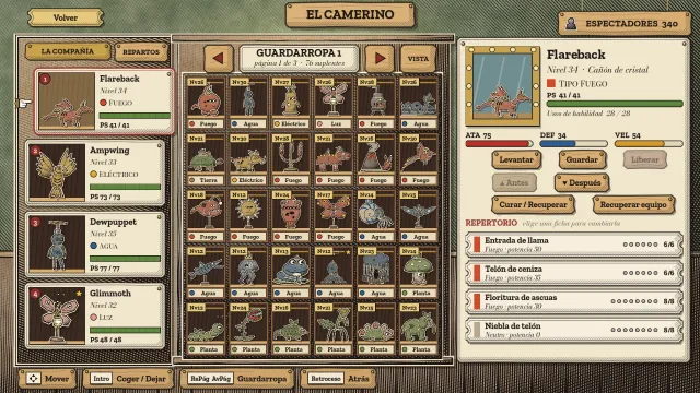 El Camerino: la compañía de cuatro monstruos a la izquierda, un ropero de monstruos guardados en el centro y el nivel, las estadísticas y las cuatro habilidades de Flareback a la derecha.