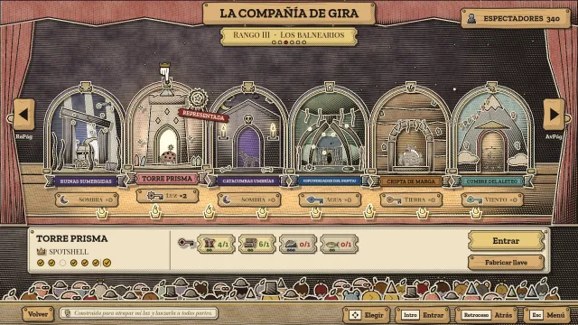 La Compañía de gira: una fila de seis puertas de teatros de papel marcadas con su tipo, y la entrada de la Torre Prisma con los bienes necesarios para fabricar su llave.