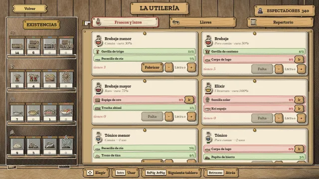 La Utilería: cartas de fabricación de pociones, tónicos, elixires y trampas, cada una con sus ingredientes, junto a un almacén de madera, grano, pescado y minerales recolectados.