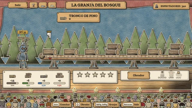 La granja del bosque: troncos avanzan por una cinta transportadora junto a la marioneta Dewpuppet mientras los paneles muestran las probabilidades por nivel, el inventario y las estrellas de entusiasmo del público.