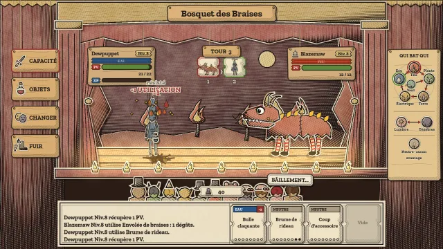 Un combat au Bosquet des Braises : Dewpuppet, une marionnette suspendue à ses fils, affronte le chandelier de type Feu Blazewick tandis que le journal liste soins et attaques.