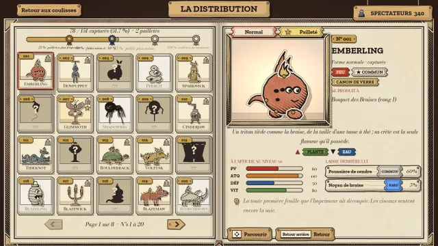 La Distribution, le bestiaire : une page de cartes numérotées, certaines encore dans l'ombre, à côté de la fiche d'Emberling, un triton de braise de type Feu, avec ses statistiques et ses butins.