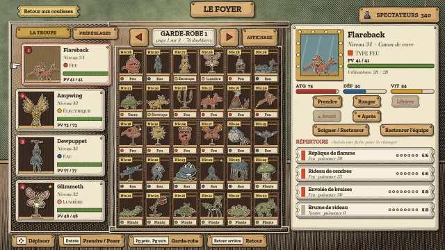 Le Foyer : la troupe de quatre monstres à gauche, une garde-robe de monstres rangés au centre, et le niveau, les statistiques et les quatre capacités de Flareback à droite.