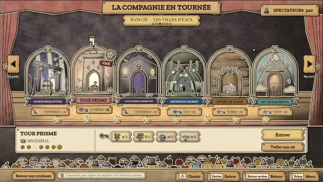 La Compagnie en tournée : une rangée de six portes de salles en papier marquées de leur type, et le billet de la Tour Prisme qui liste les biens nécessaires pour fabriquer sa clé.