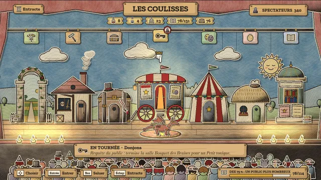 Les Coulisses de nuit : un village peint de bâtiments en papier pour la ferme, l'artisanat, l'inventaire, les donjons, la troupe, la nurserie et le bestiaire, sous une lune et des étoiles de papier, au-dessus d'une rangée de spectateurs.