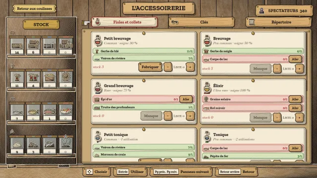 L'Accessoirerie : des cartes de fabrication pour potions, toniques, élixirs et pièges, chacune avec ses ingrédients, à côté d'un stock de bois, céréales, poissons et minerais récoltés.