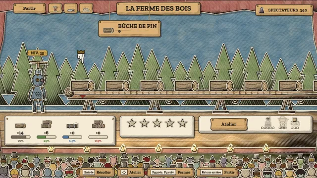 La Ferme des bois : des rondins défilent sur un tapis roulant devant la marionnette Dewpuppet, tandis que des panneaux montrent les chances par rang, l'inventaire et les étoiles d'enthousiasme du public.