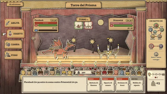 Una battaglia a turni sul palco di un teatrino di carta, nella Torre del Prisma: il drago di carta Flareback affronta il mostro candelabro Prismwick, con i pulsanti delle azioni, una tabella dei tipi e un pubblico di carta.