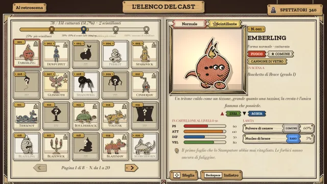 L'Elenco del Cast, il bestiario: una pagina di carte numerate, alcune ancora in ombra, accanto alla scheda di Emberling, un tritone di brace di tipo Fuoco, con statistiche e bottini.