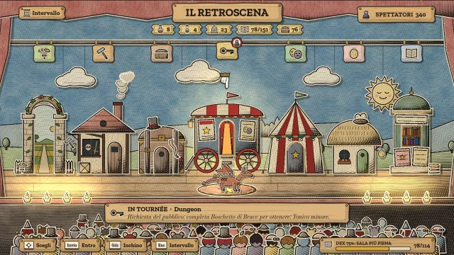 Il Retroscena di notte: un villaggio dipinto di edifici di carta per fattoria, artigianato, inventario, dungeon, squadra, nursery e bestiario sotto una luna e stelle di carta, sopra una fila di spettatori.