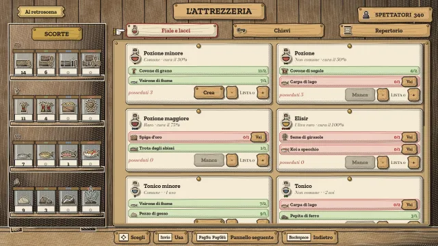 L'Attrezzeria: carte di fabbricazione per pozioni, tonici, elisir e trappole, ognuna con i suoi ingredienti, accanto a una scorta di legno, grano, pesce e minerali raccolti.