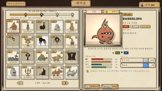 몬스터 도감 배역표. 번호가 매겨진 카드들 중 일부는 아직 그림자로 남아 있고, 옆에는 불 타입 불씨 도롱뇽 Emberling의 능력치와 전리품이 적혀 있다.