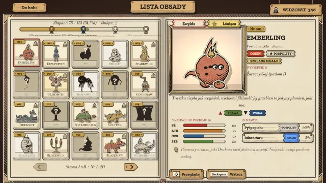 Lista obsady, czyli bestiariusz: strona numerowanych kart, niektóre jeszcze w cieniu, obok wpisu Emberlinga, ognistej traszki z żaru, z jego statystykami i łupami.