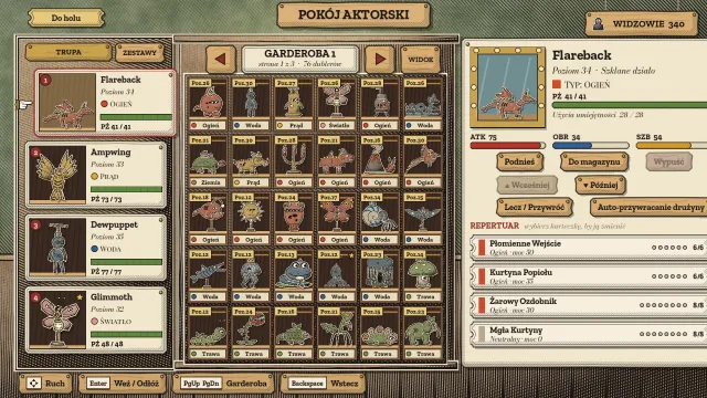 Pokój Aktorski: po lewej czwórka potworów w zespole, pośrodku garderoba z przechowywanymi potworami, po prawej poziom, statystyki i cztery umiejętności Flarebacka.