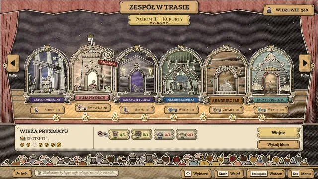 Zespół w trasie: rząd sześciu papierowych wejść do teatrów oznaczonych typami i bilet do Wieży Pryzmatu z listą dóbr potrzebnych do wytworzenia klucza.
