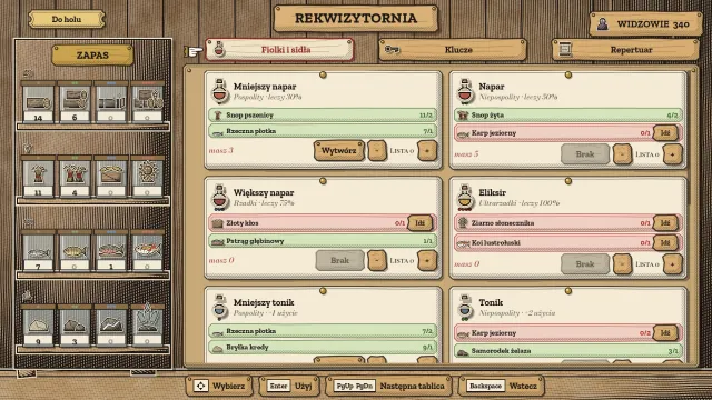 Rekwizytornia: karty wytwarzania mikstur, toników, eliksirów i sideł, każda z listą składników, obok zapasu zebranego drewna, zboża, ryb i minerałów.