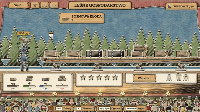 Leśne gospodarstwo: kłody jadą taśmociągiem obok marionetki Dewpuppet, a panele pokazują szanse na poziomy, ekwipunek i gwiazdki zachwytu publiczności.