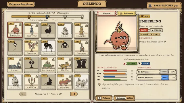O Elenco, o bestiário: uma página de cartas numeradas, algumas ainda na sombra, ao lado da ficha de Emberling, um tritão de brasa do tipo fogo, com seus atributos e espólios.