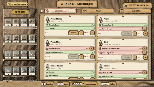 A Sala de Adereços: cartas de fabricação de poções, tônicos, elixires e armadilhas, cada uma com seus ingredientes, ao lado de um estoque de madeira, grãos, peixes e minérios coletados.