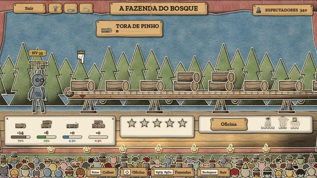 A Fazenda do Bosque: toras passam numa esteira ao lado do boneco Dewpuppet enquanto os painéis mostram as chances por nível, o inventário e as estrelas de empolgação da plateia.