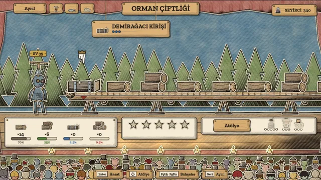 Orman Çiftliği: kütükler kukla Dewpuppet'ın önünden bir taşıyıcı bantla geçerken paneller kademe şanslarını, envanteri ve seyirci coşkusu yıldızlarını gösteriyor.