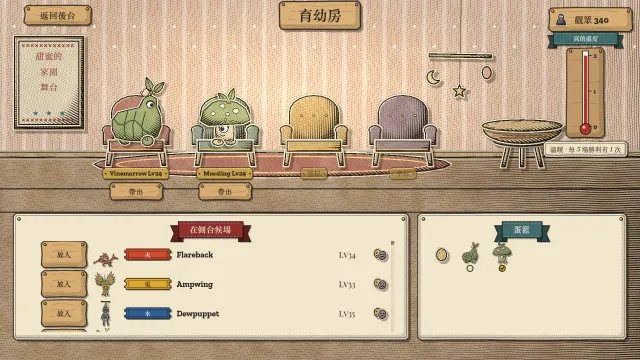育幼房：兩隻怪物坐在扶手椅上，旁邊有兩個空位，還有巢穴溫度計和空的蛋籃，劇團在下方等候。