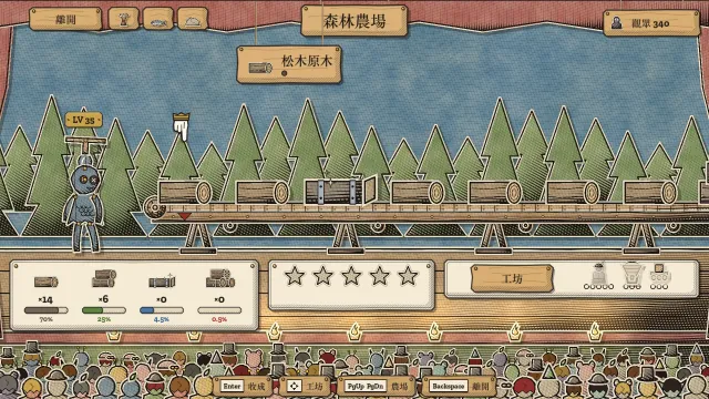 森林農場：原木沿著輸送帶從木偶 Dewpuppet 面前經過，面板顯示各品級機率、資源庫存和觀眾熱度星星。
