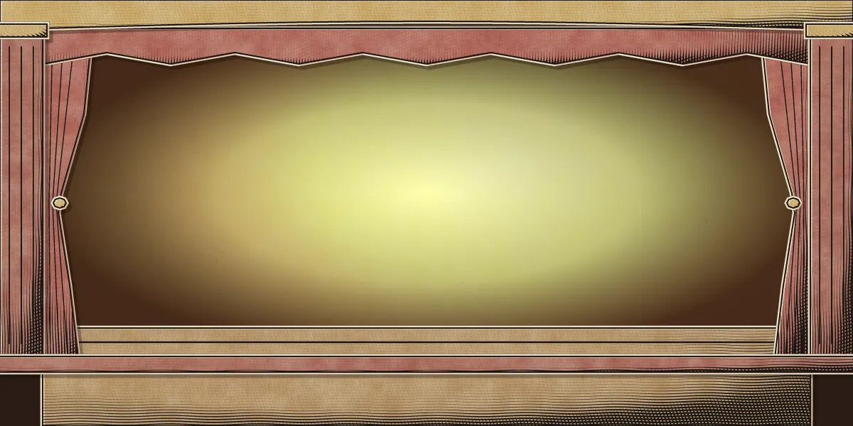 A toy theatre stage: red curtains drawn back, a gilt proscenium and a lamplit paper backdrop.