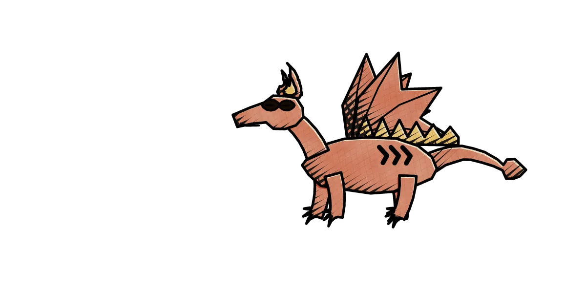 Flareback, a pocket dragon cut from card, looming behind the troupe.